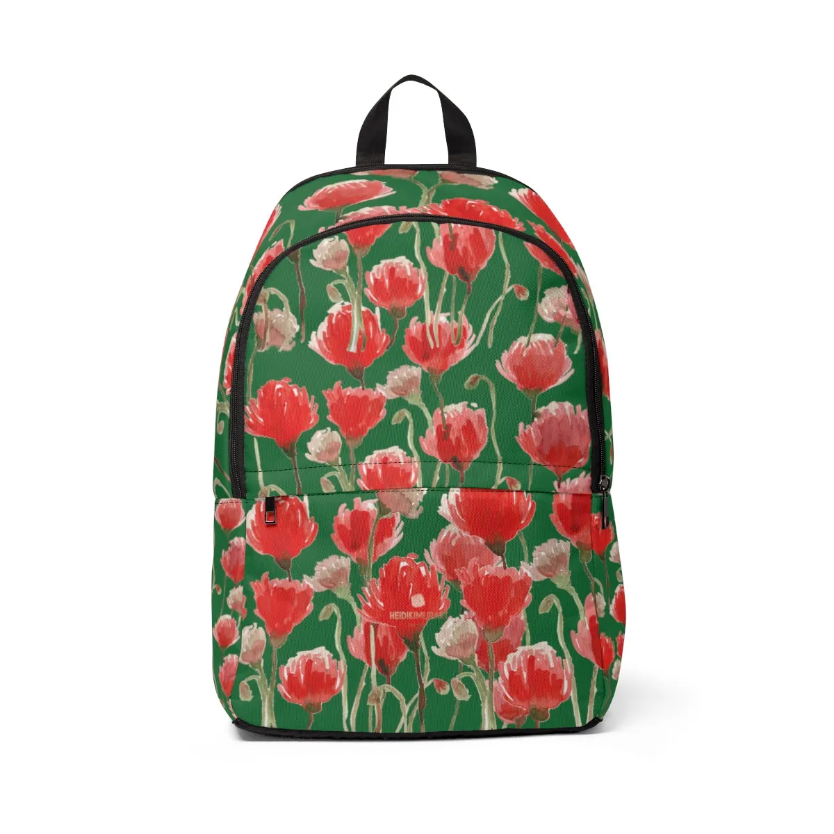 Green Red Poppy Backpack, Flower Floral Print Travel School Luggage Bag w/ Laptop Slot