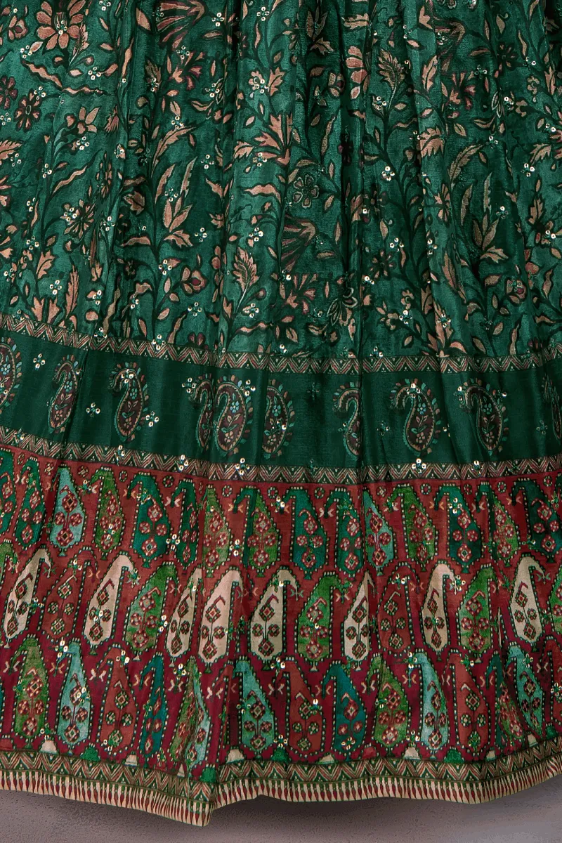 Green Sequins, Thread and Mirror work with Kalamkari Print Long Party Gown for Girls