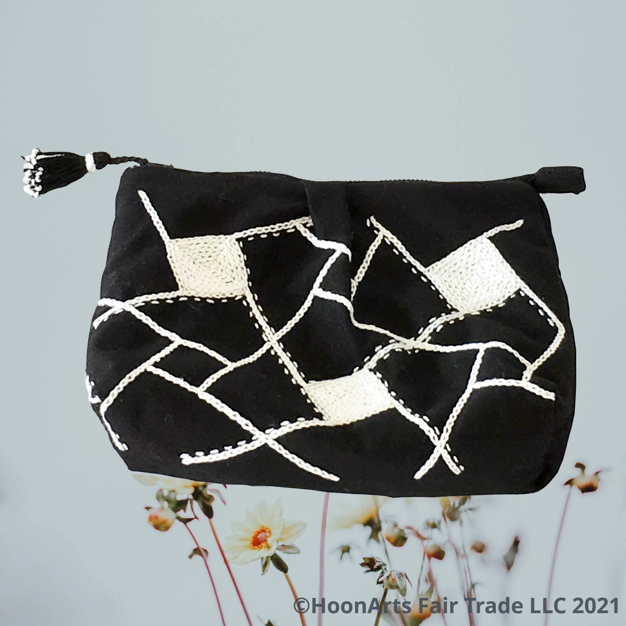 Hand Embroidered Black & White Geometric Clutch