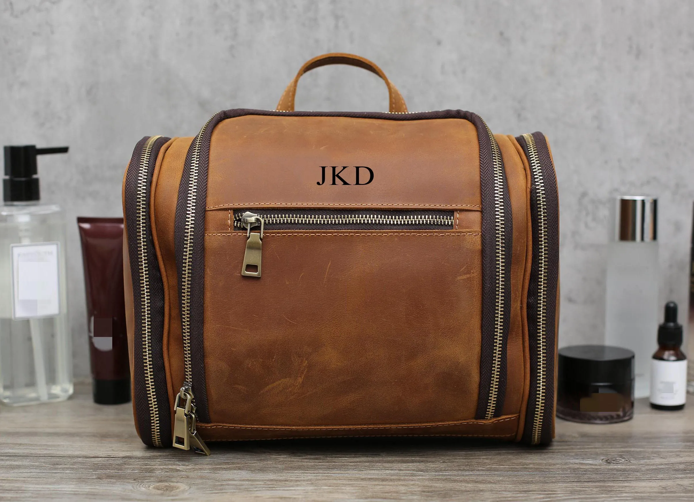 Hanging Leather Toiletry Bag Monogram Leather Dopp Kit Bag