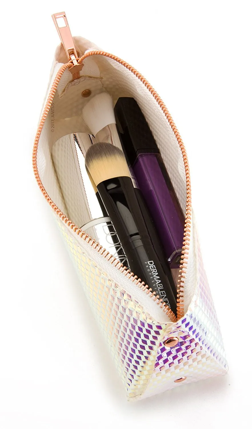 Holographic Makeup Brush and Cosmetic Bag Made of Iridescent Pebbled Vegan Faux Leather with Top Zipper (JB75)