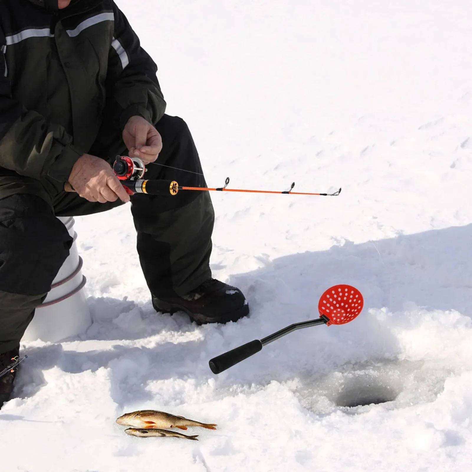 Ice Fishing Rod Reel Combo Complete Kit with Ice Skimmer and Carry Bag Lures Hooks Swivels Accessories Outdoor Fishing