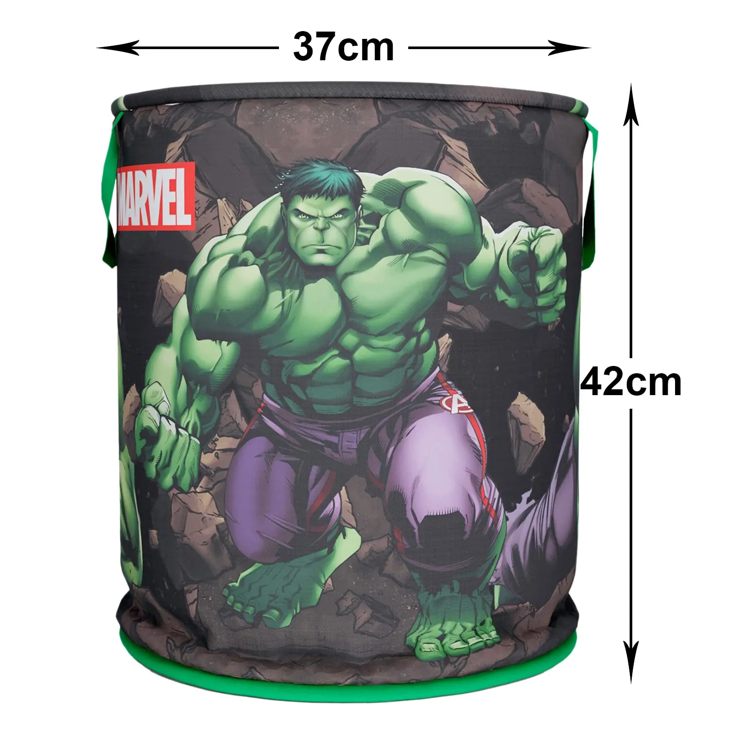 Kuber Industries Marvel Hulk Print Round Laundry Basket|Polyester Clothes Hamper|Waterproof & Foldable Round Laundry Bag with Handle,45 Ltr.Pack of 2 (Green)