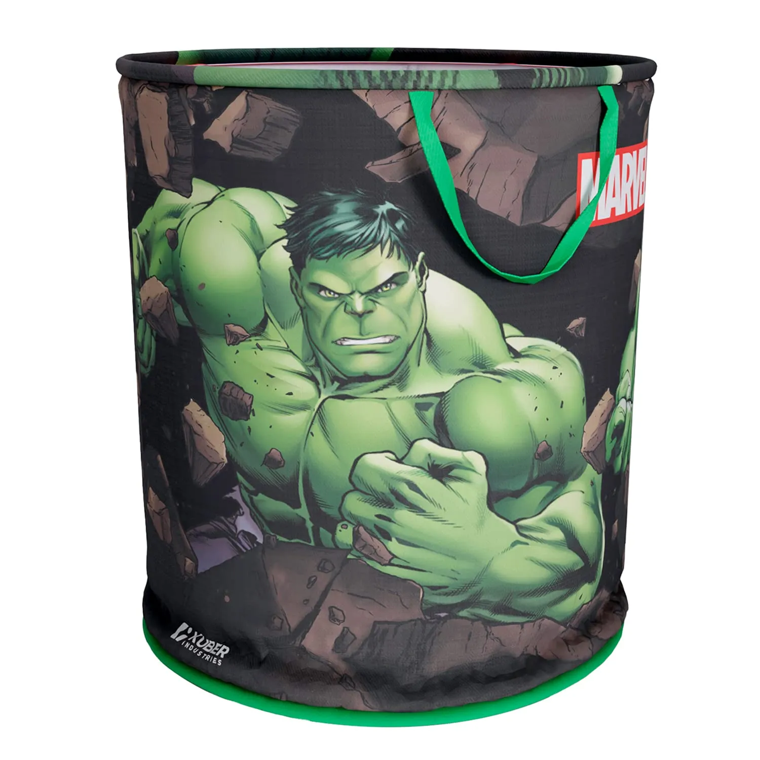 Kuber Industries Marvel Hulk Print Round Laundry Basket|Polyester Clothes Hamper|Waterproof & Foldable Round Laundry Bag with Handle,45 Ltr.Pack of 2 (Green)