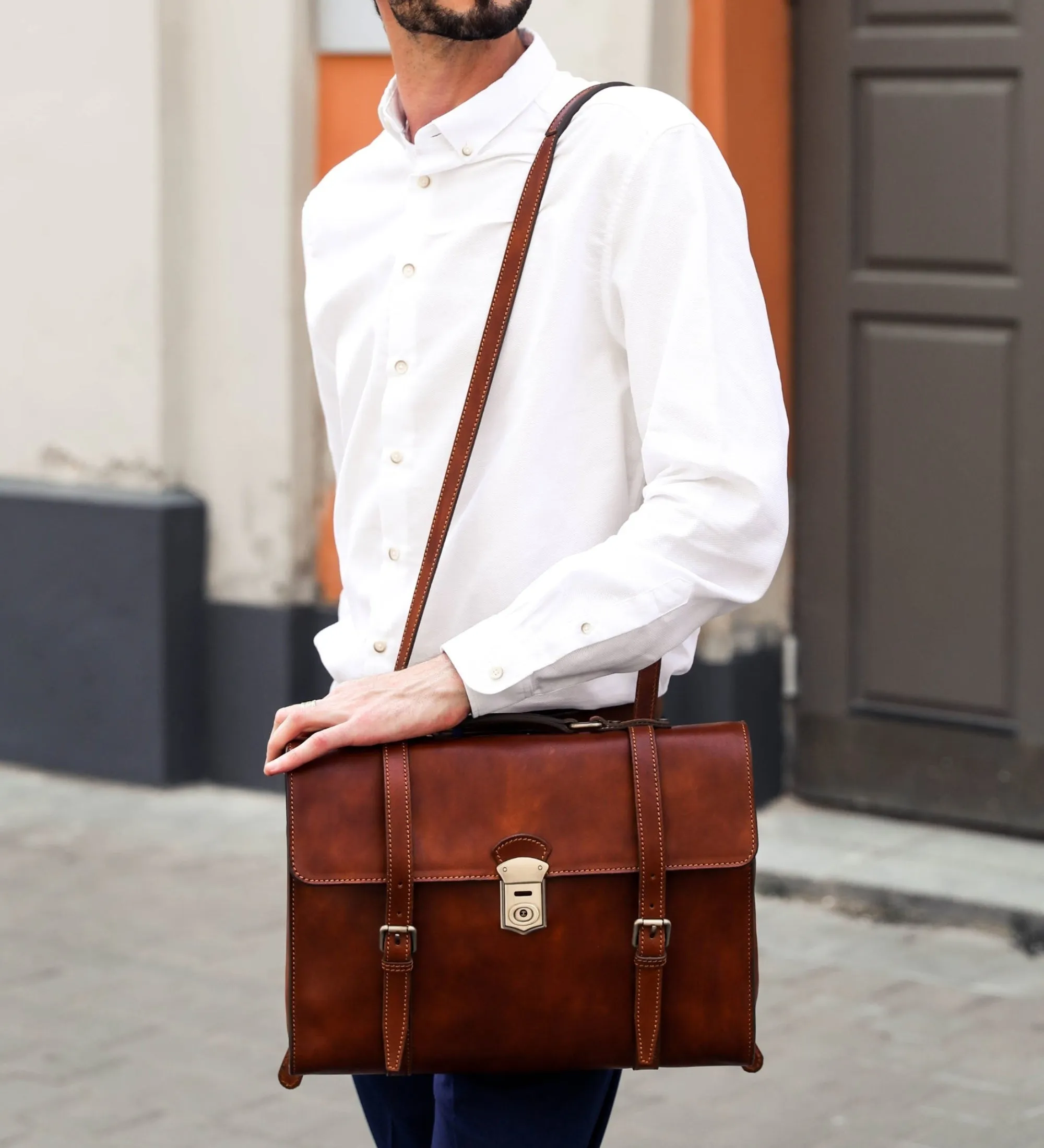 Leather Belted Briefcase, Convertible Backpack - The Glass Menagerie