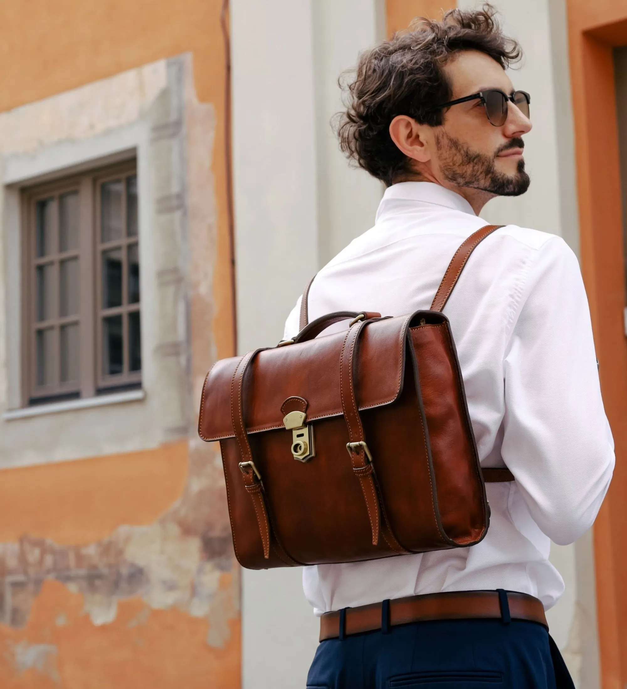 Leather Belted Briefcase, Convertible Backpack - The Glass Menagerie