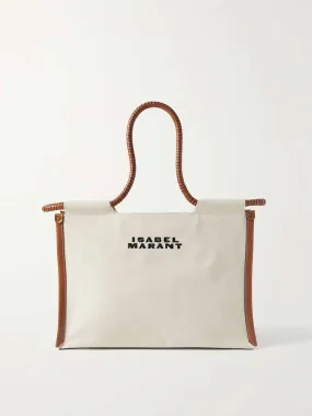 Leather-trimmed embroidered canvas tote