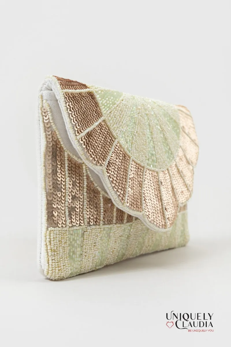 Luxe Champagne & Bronze Beaded Scalloped Edge Clutch