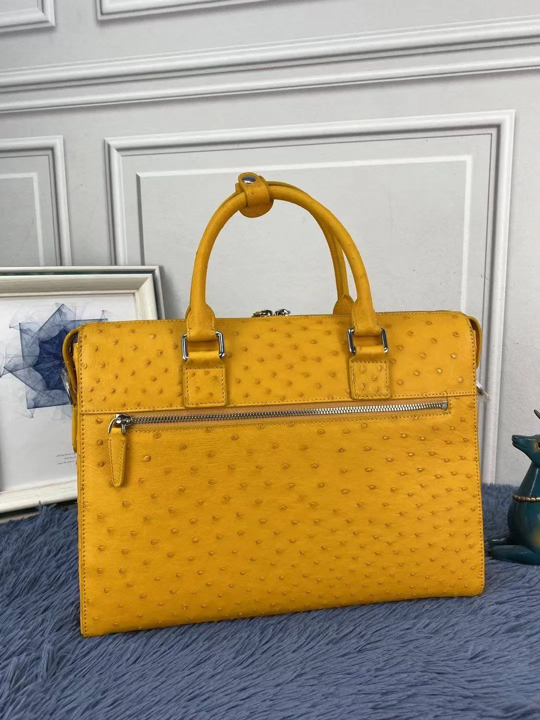 Men's Ostrich Skin Leather Business Laptop Briefcase Bag Yellow