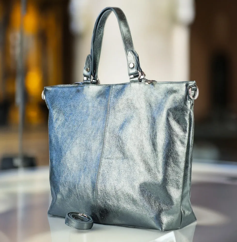 Metallic Silver Soft Leather Large Handbag Shopping Travel Bag Made In Italy