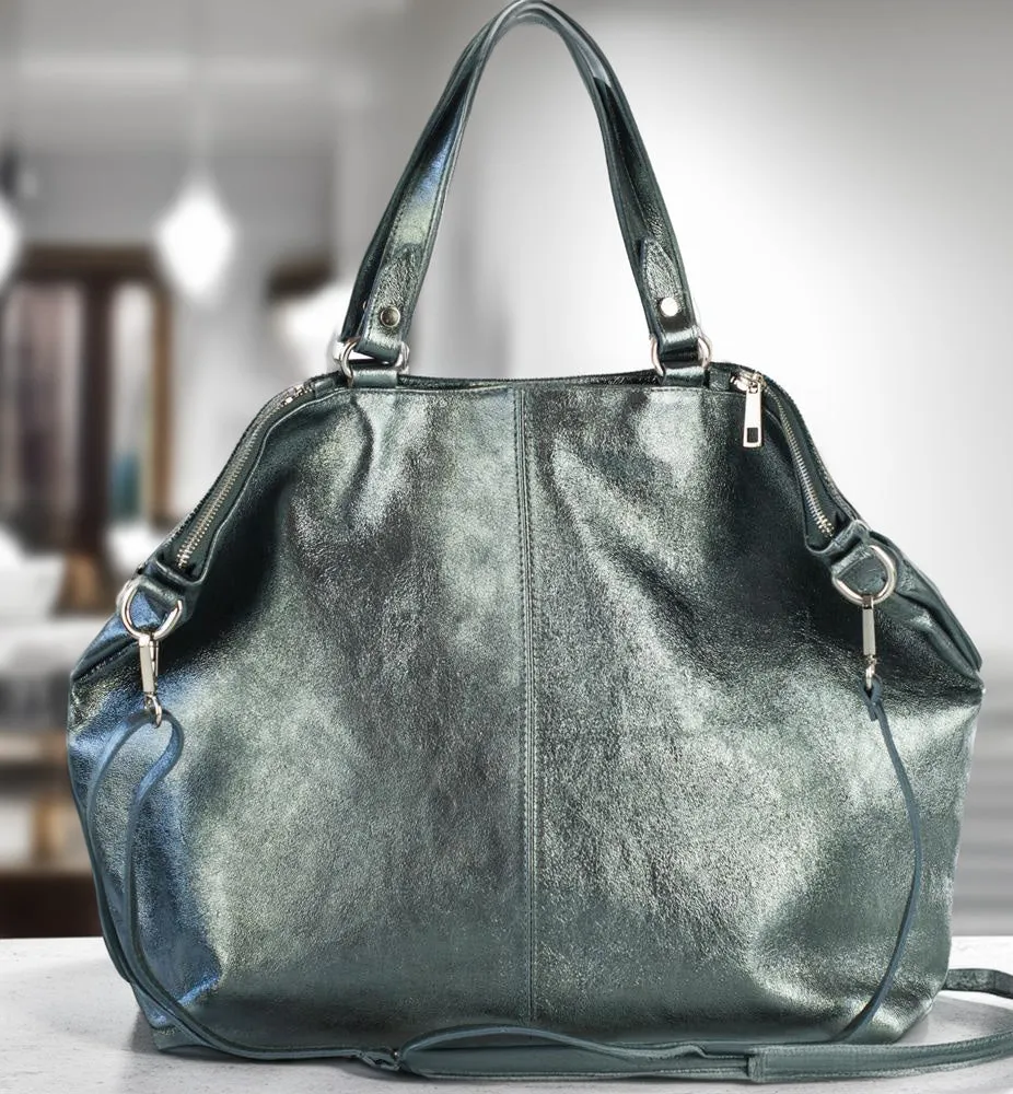 Metallic Silver Soft Leather Large Handbag Shopping Travel Bag Made In Italy