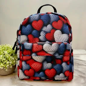 Mini Backpack - Blue   Red Knit Hearts