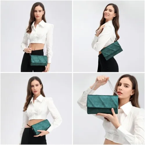 Miss Lulu Elegant Green Twill Clutch Leather Chain Evening Bag - Versatile Handbag for Formal & Casual Occasions