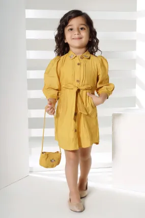 Mustard Short Frock For Girls with Bag