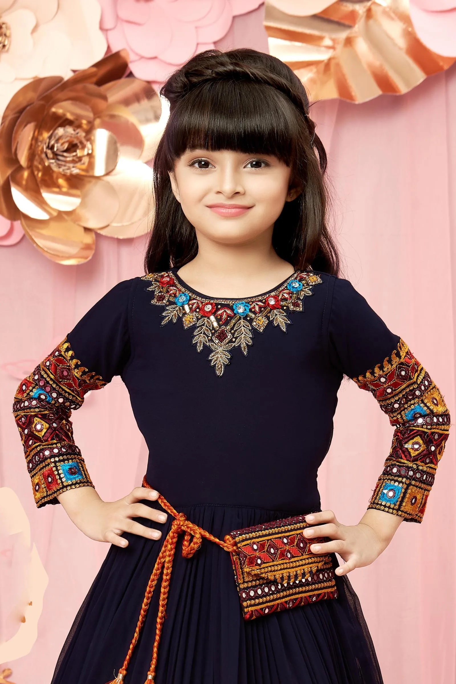 Navy Blue Zardozi, Stone and Multicolor Threadwork Long Party Gown for Girls