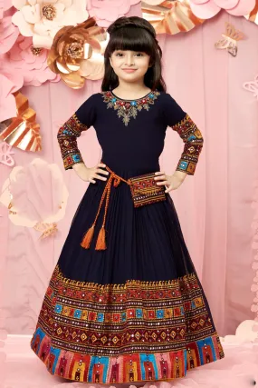 Navy Blue Zardozi, Stone and Multicolor Threadwork Long Party Gown for Girls