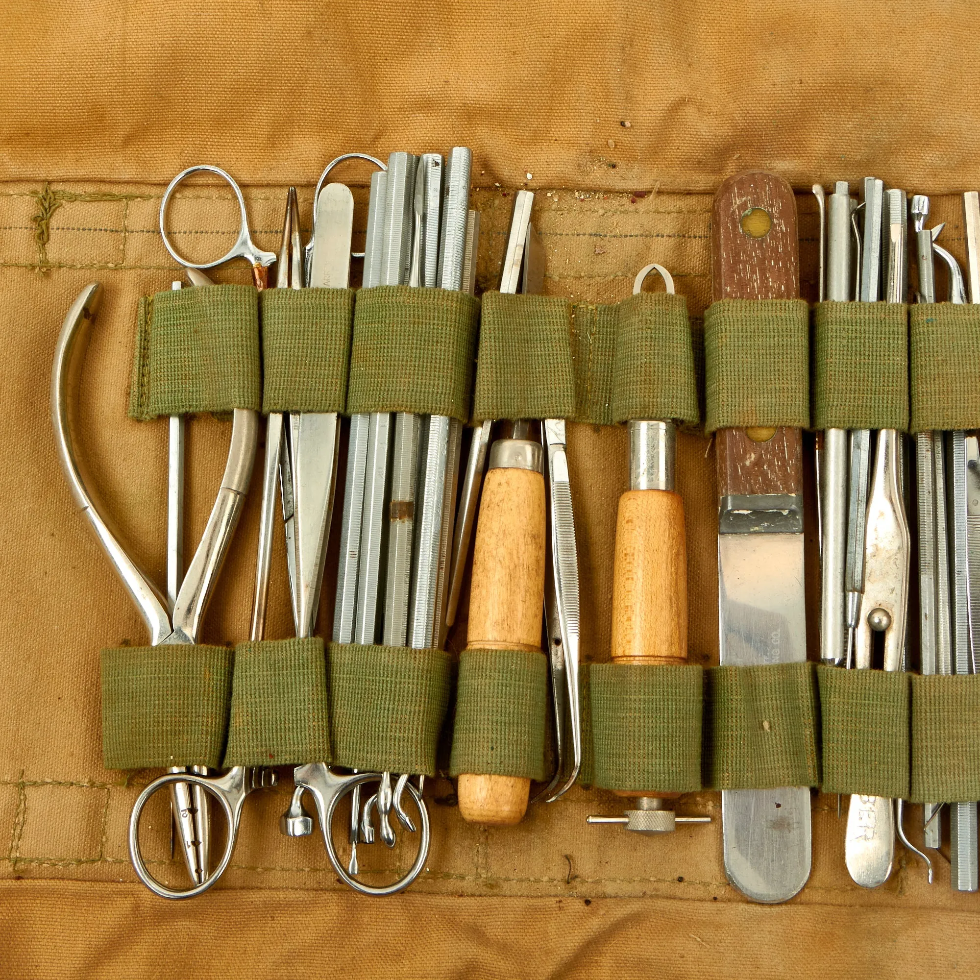 Original U.S. WWI Named US Army  Dental Corps Medical Surgical Kit Roll Featuring The Desirable Eagle Button Snaps - Complete With Tools