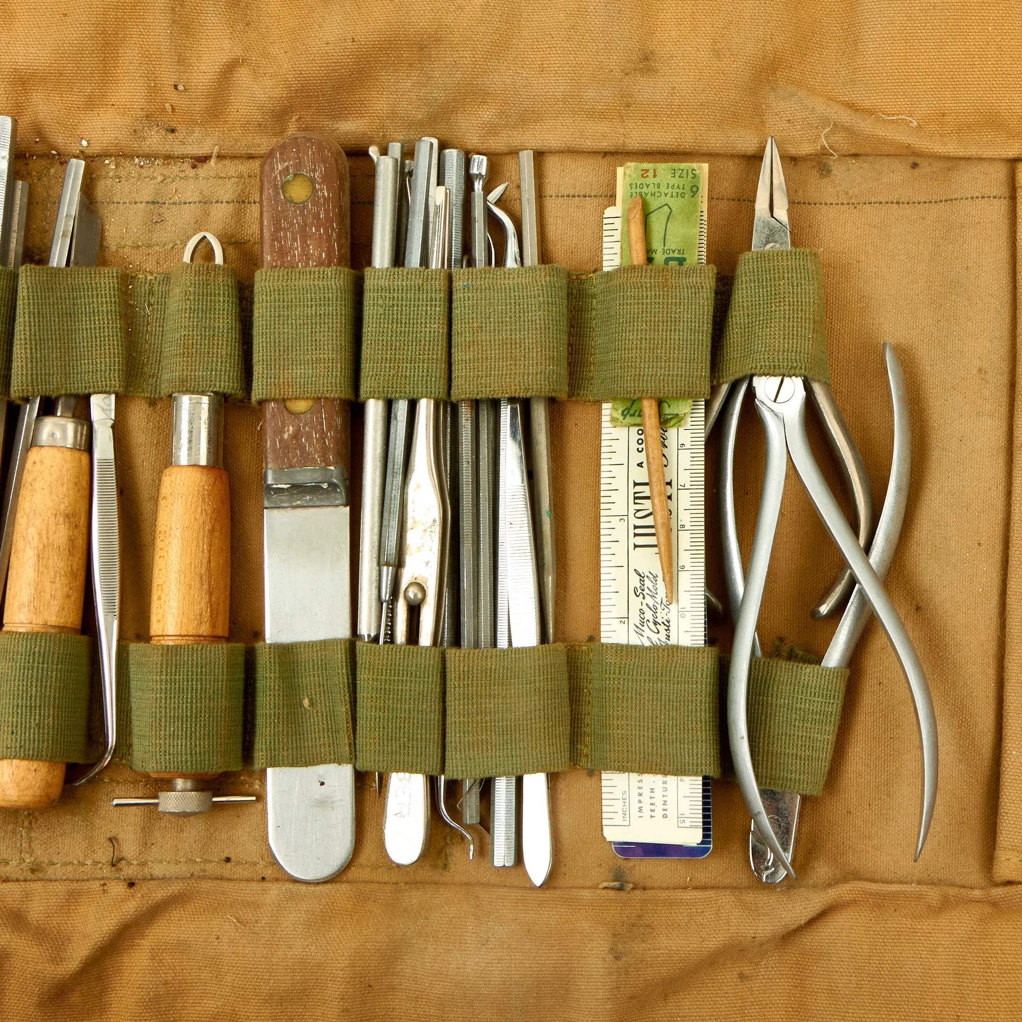 Original U.S. WWI Named US Army  Dental Corps Medical Surgical Kit Roll Featuring The Desirable Eagle Button Snaps - Complete With Tools