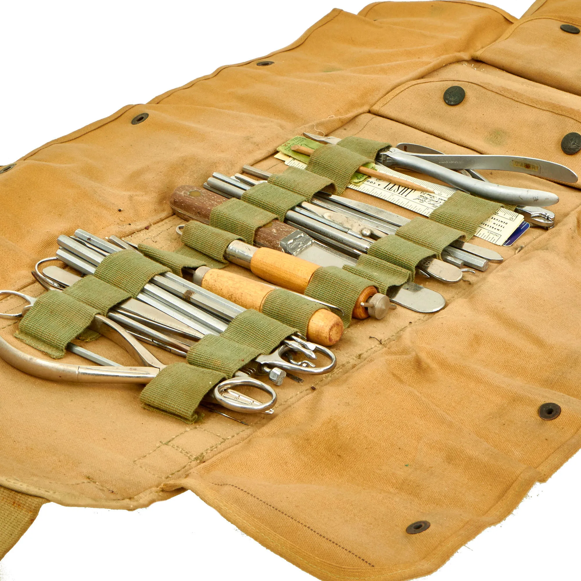 Original U.S. WWI Named US Army  Dental Corps Medical Surgical Kit Roll Featuring The Desirable Eagle Button Snaps - Complete With Tools