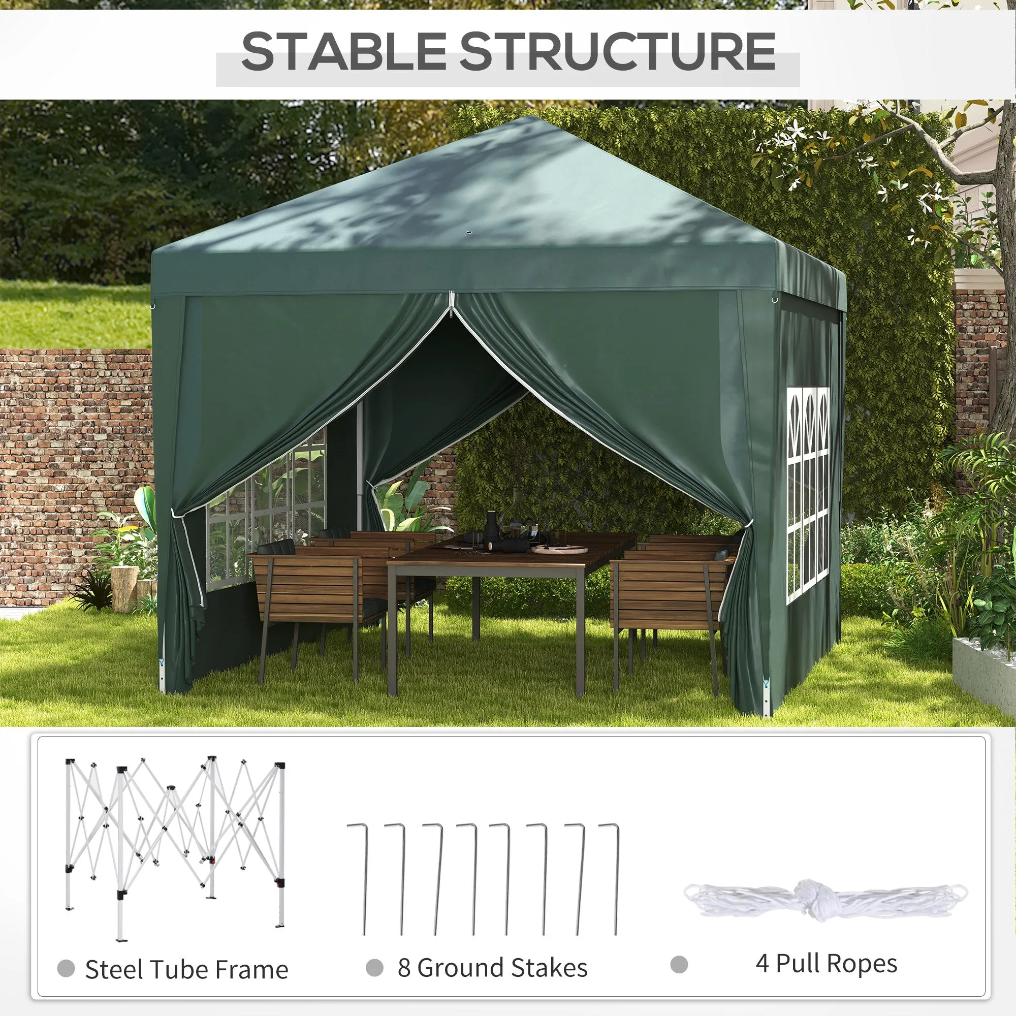 Outsunny 3mx3m Pop Up Gazebo Party Tent Canopy Marquee with Storage Bag Green