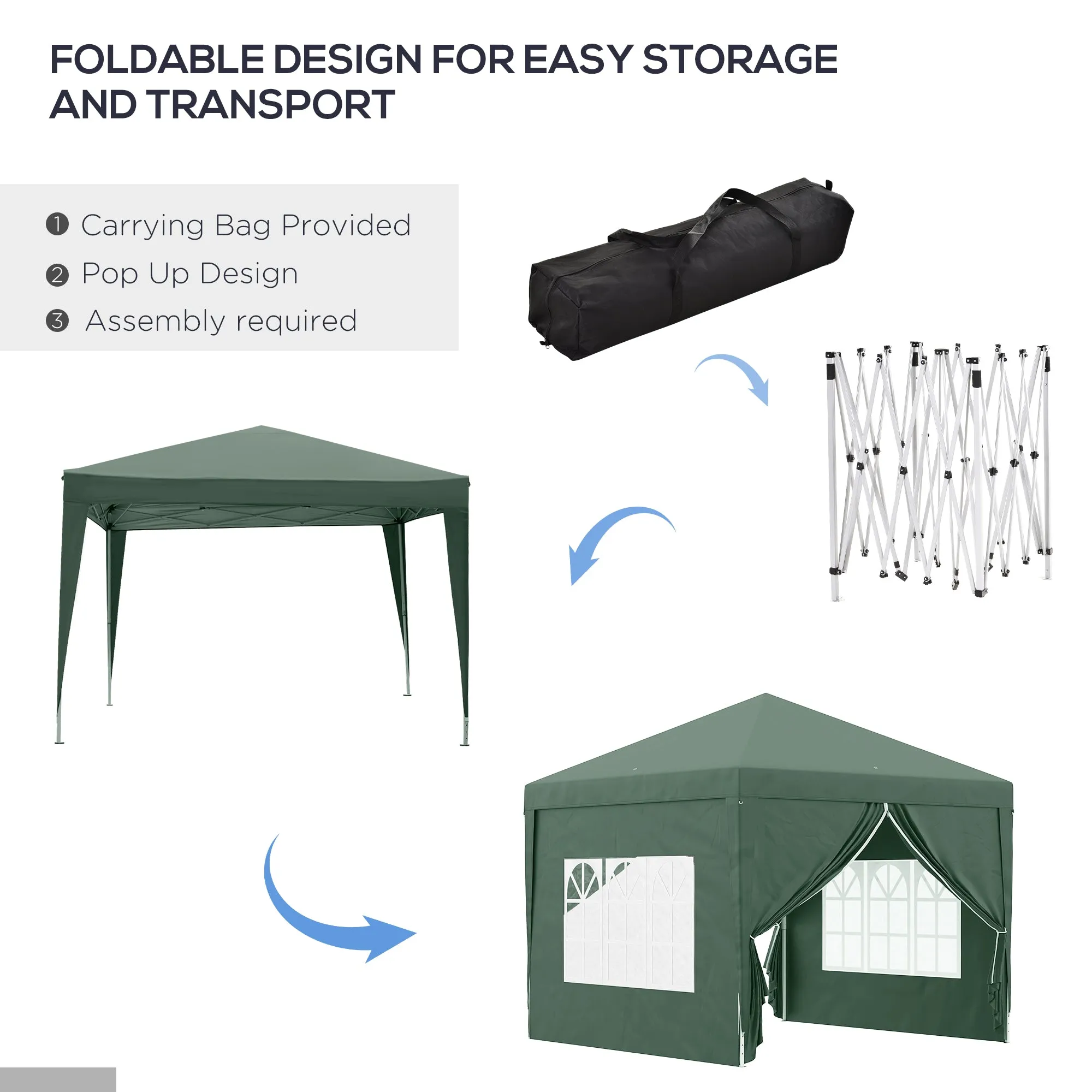 Outsunny 3mx3m Pop Up Gazebo Party Tent Canopy Marquee with Storage Bag Green