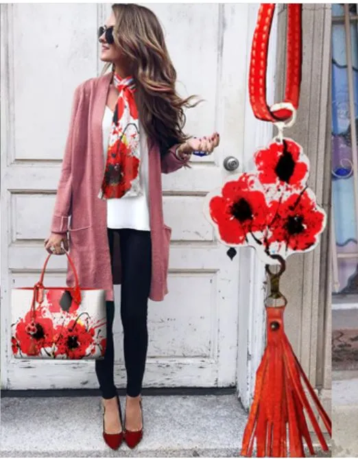 Pangborn Red Poppies on Pearl Handbag with Clutch