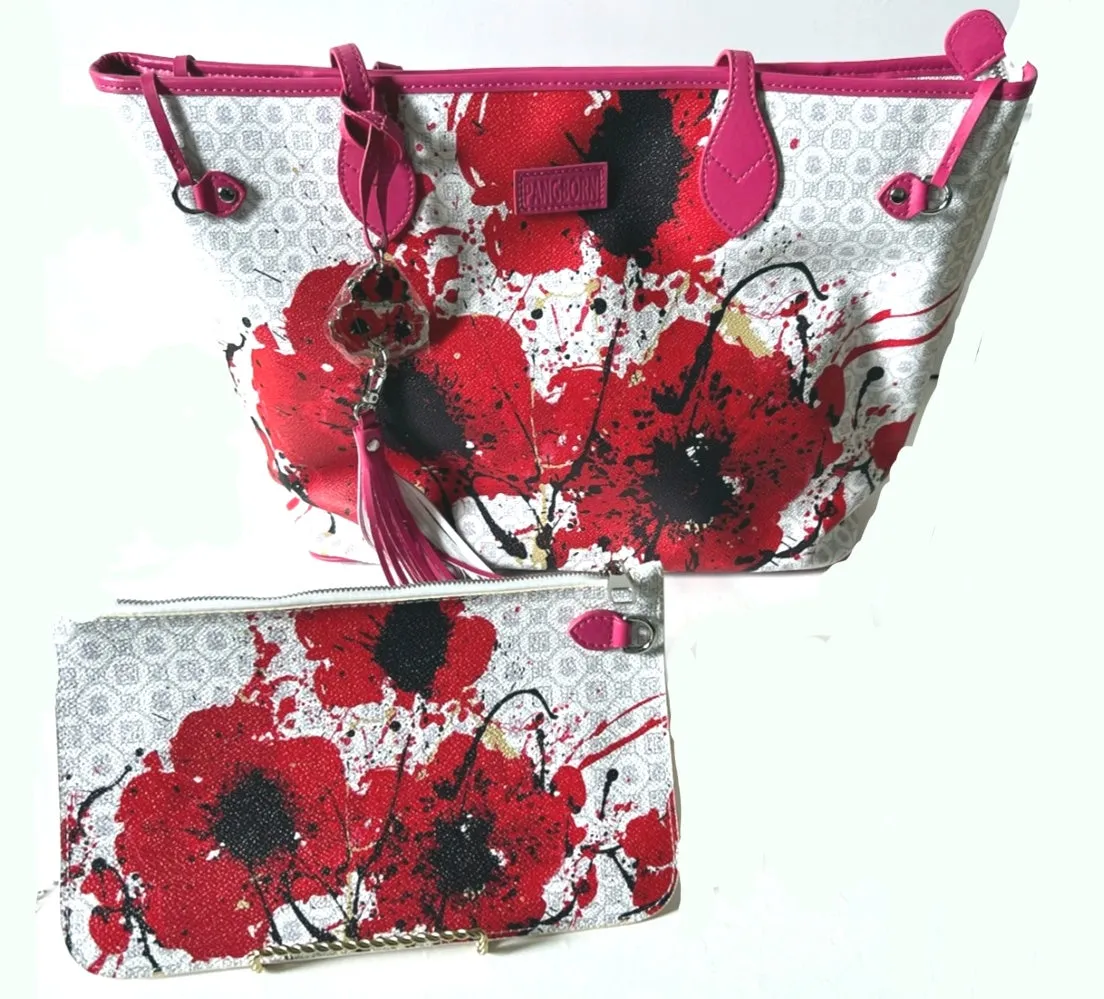 Pangborn Red Poppies on Pearl Handbag with Clutch