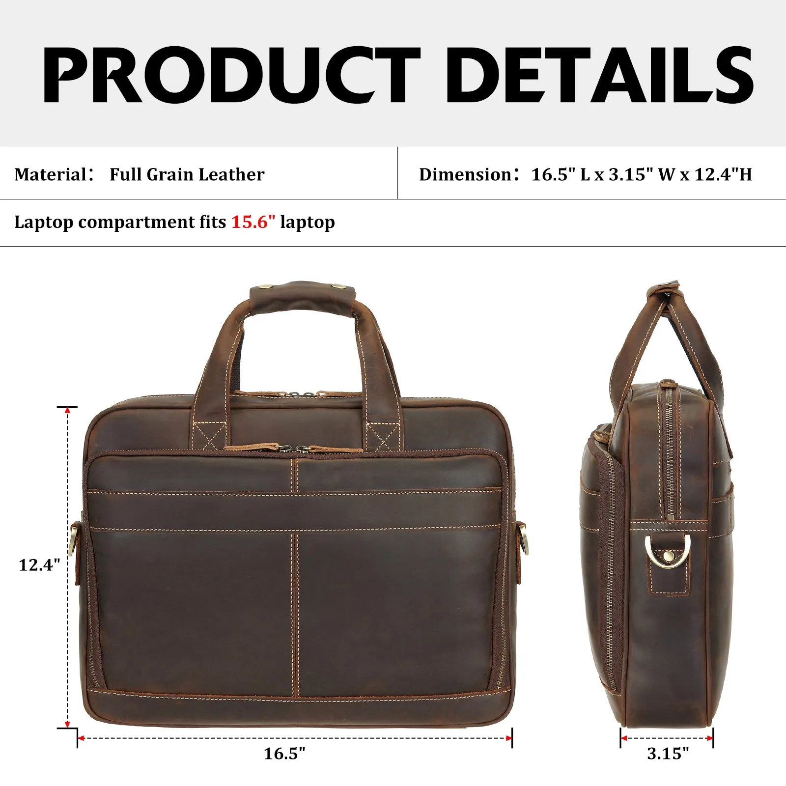 Polare Full Grain Leather 16.5'' Laptop Bag Briefcase for Men Business Messenger Work Bag Fits 15.6'' Laptop