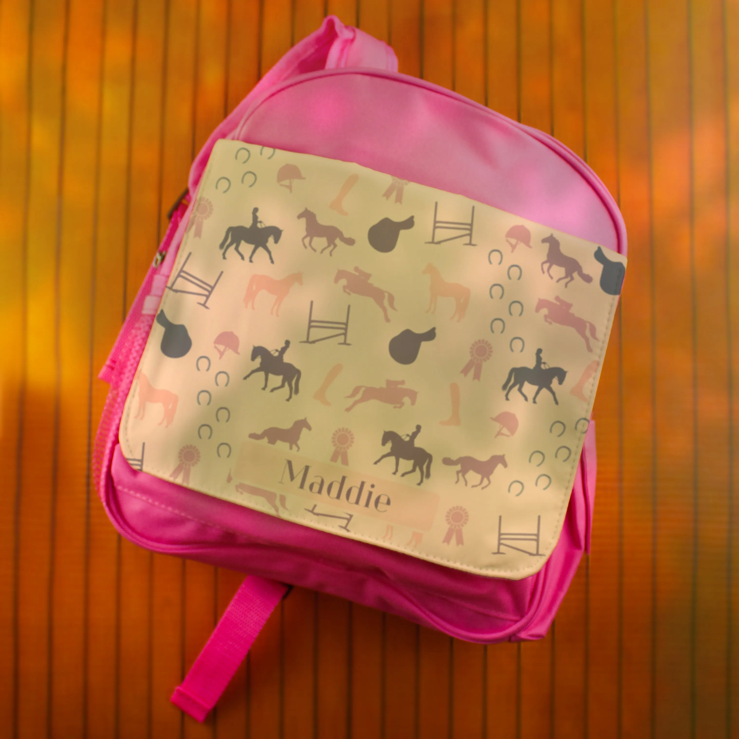 Printed Kids Pink Backpack with Horse Riding Design, Customise with Any Name