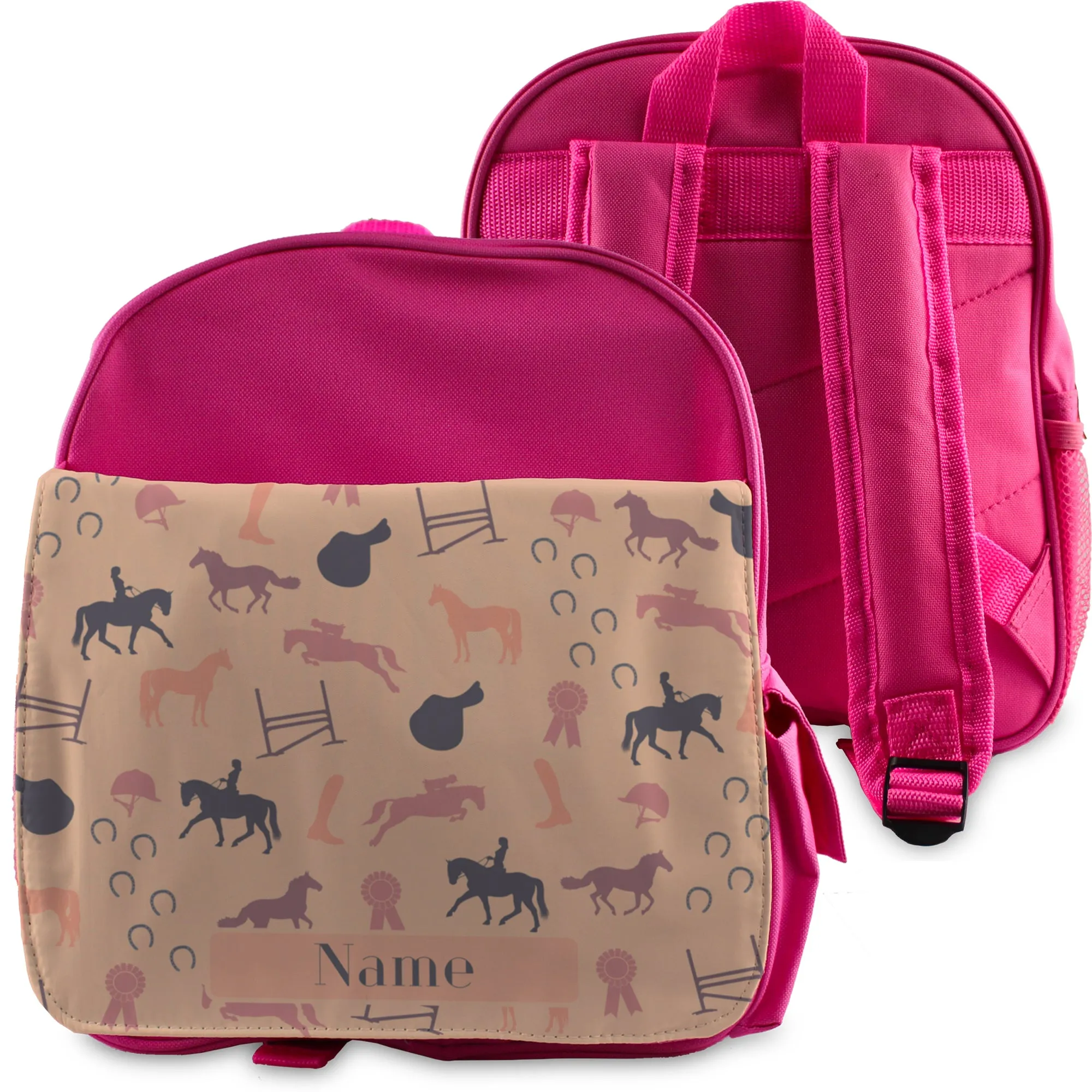 Printed Kids Pink Backpack with Horse Riding Design, Customise with Any Name