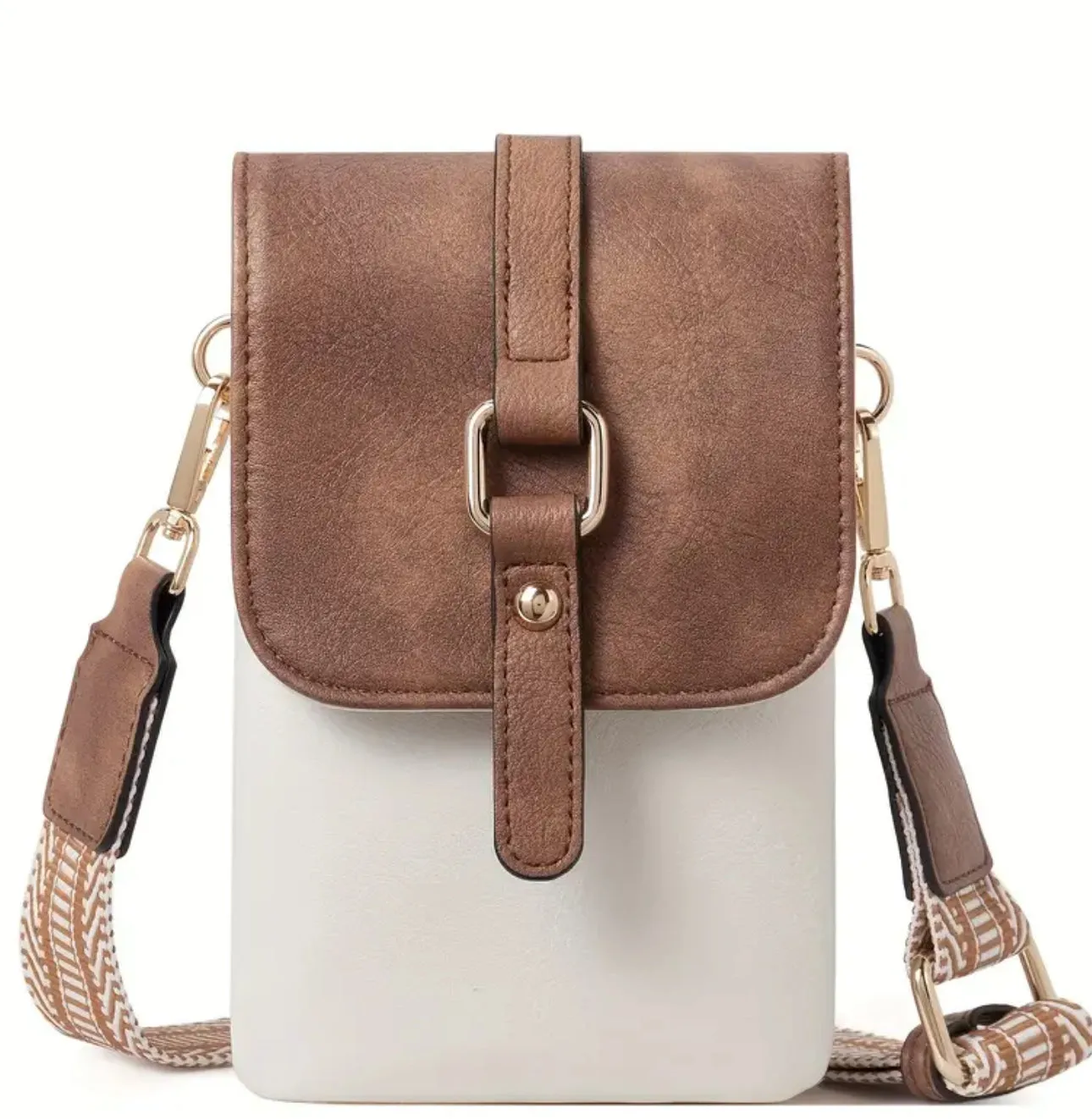 PU Leather White with Brown Accents Crossbody Bag & Cell Phone Shoulder Purse