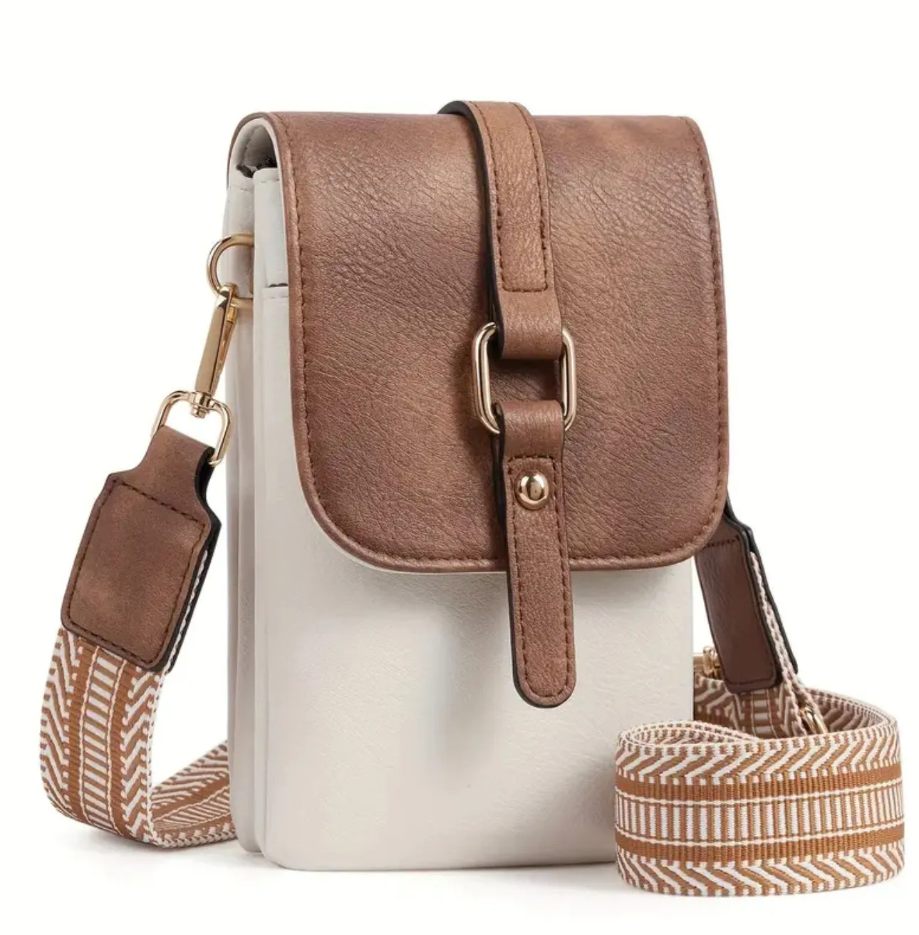 PU Leather White with Brown Accents Crossbody Bag & Cell Phone Shoulder Purse