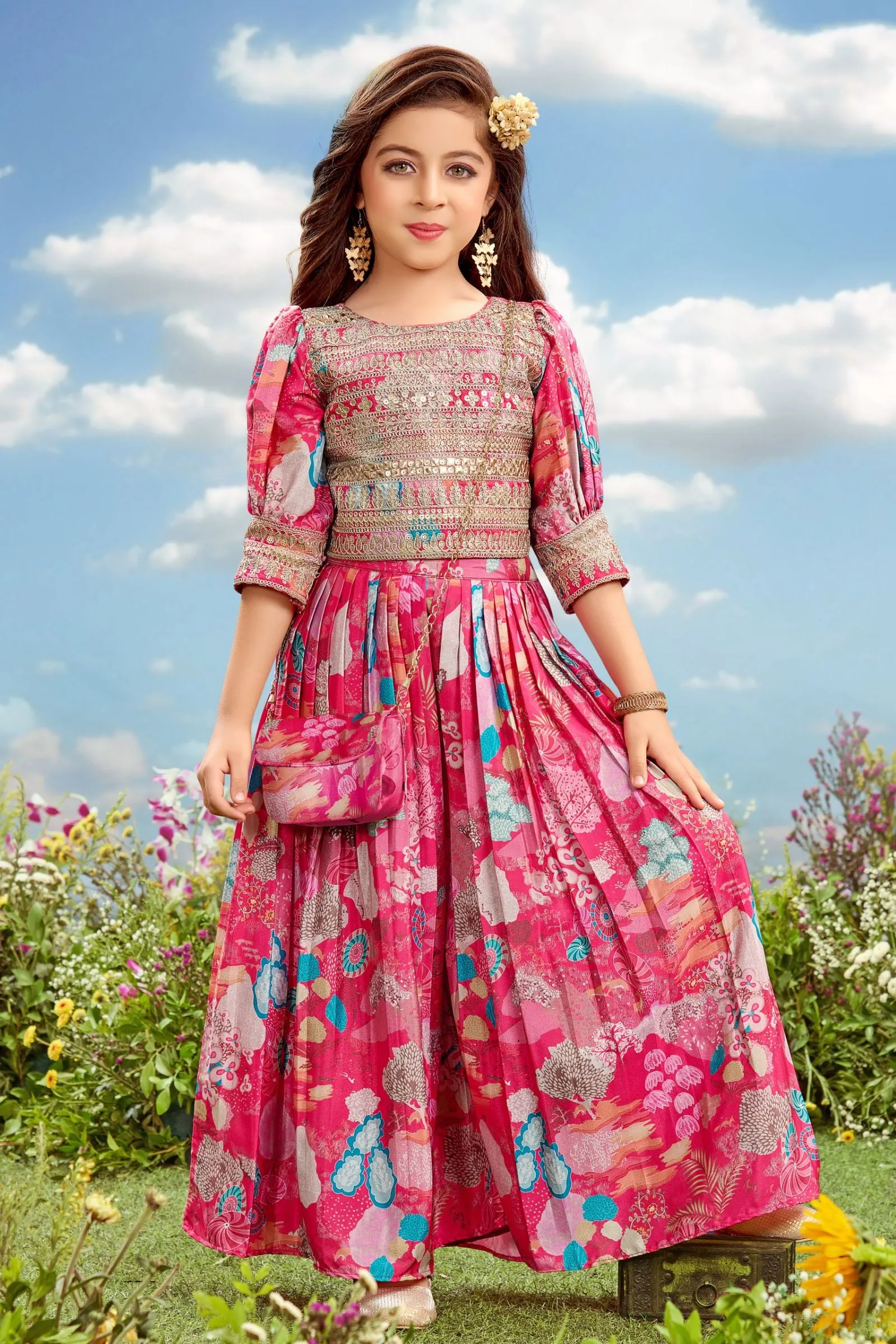 Rani Pink Zari and Sequins work with Multicolor Digital Print Choli and Palazzo Set for Girls