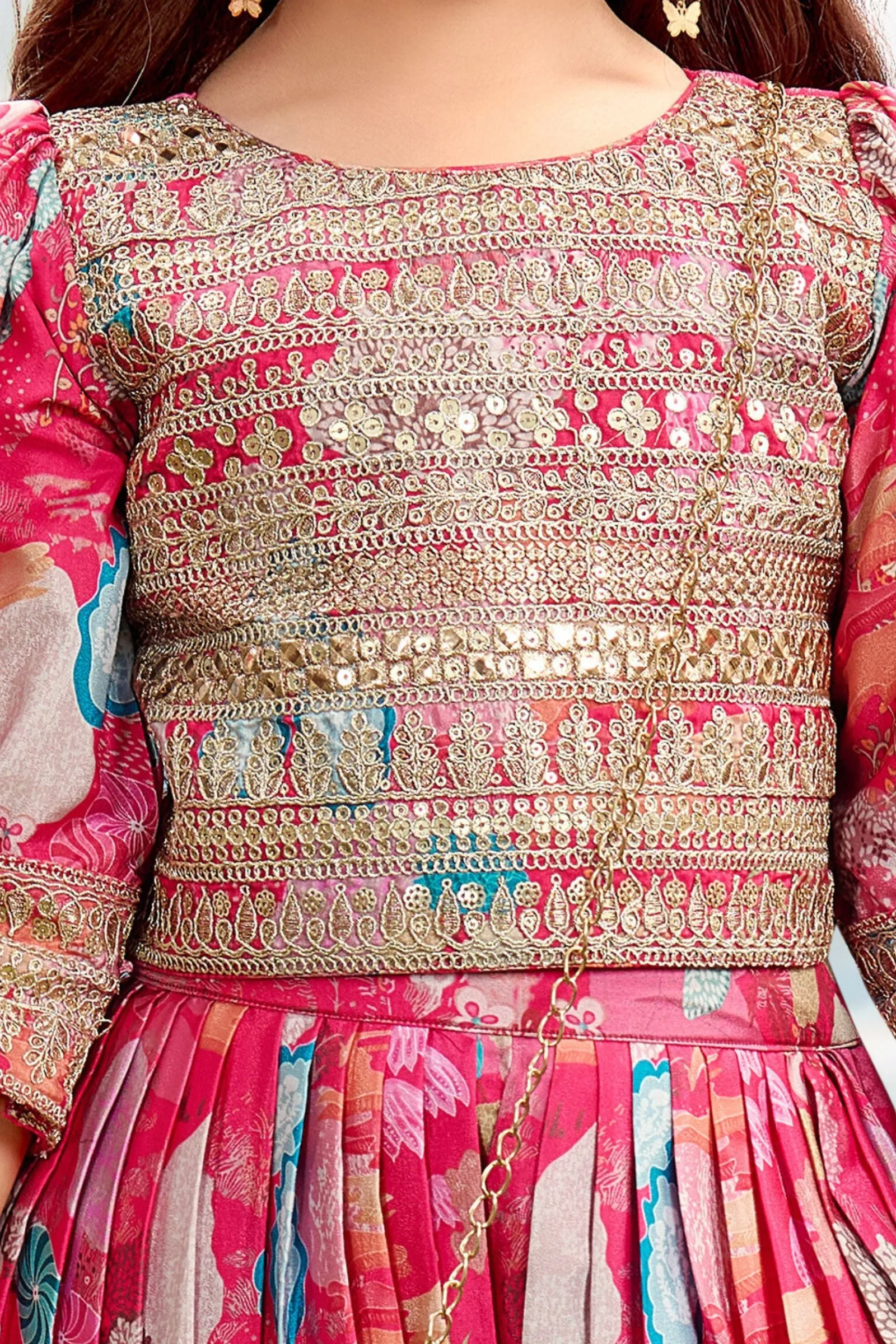 Rani Pink Zari and Sequins work with Multicolor Digital Print Choli and Palazzo Set for Girls