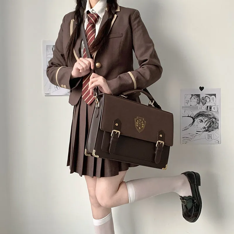 Retro Vintage Student Brown Black Leather Crown Crest Academia School College Briefcase Work Bag