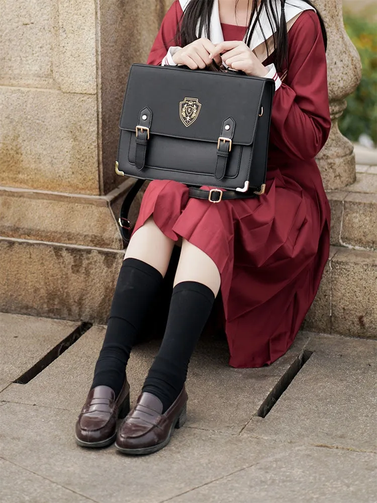 Retro Vintage Student Brown Black Leather Crown Crest Academia School College Briefcase Work Bag