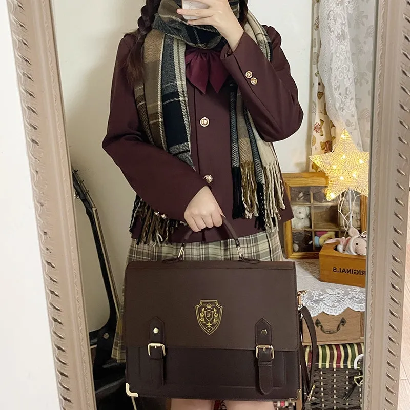 Retro Vintage Student Brown Black Leather Crown Crest Academia School College Briefcase Work Bag