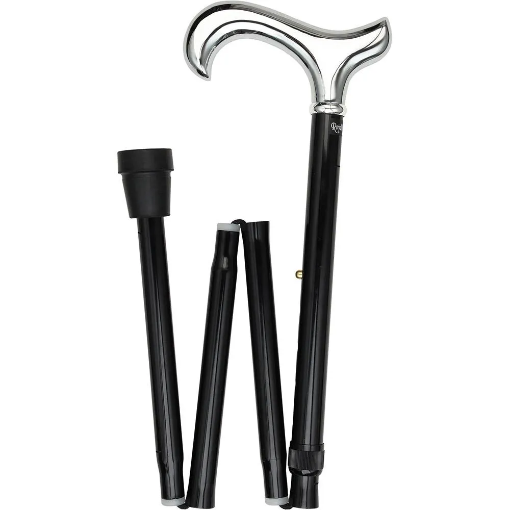 Scratch and Dent Chrome Plated Derby Walking Cane With Folding, Adjustable Black Aluminum Shaft V1667