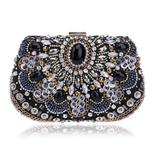 SEKUSA Crystal Evening Retro Beaded Clutch Wedding Diamond Beaded Rhinestone Small Shoulder Women's Bags