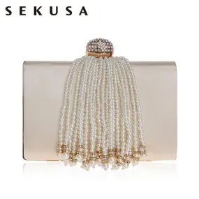 SEKUSA Tassel Beaded Women Evening Bags Crytal Metal Pearl Small Day Clutches Chain Shoulder Female Party Wedding Purse