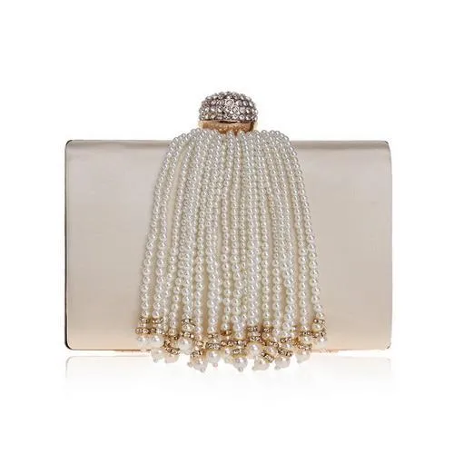 SEKUSA Tassel Beaded Women Evening Bags Crytal Metal Pearl Small Day Clutches Chain Shoulder Female Party Wedding Purse