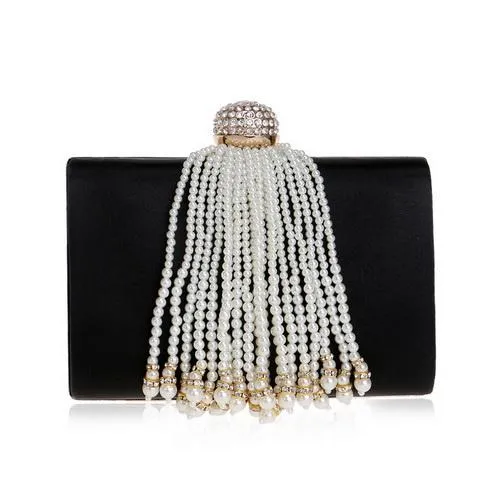 SEKUSA Tassel Beaded Women Evening Bags Crytal Metal Pearl Small Day Clutches Chain Shoulder Female Party Wedding Purse