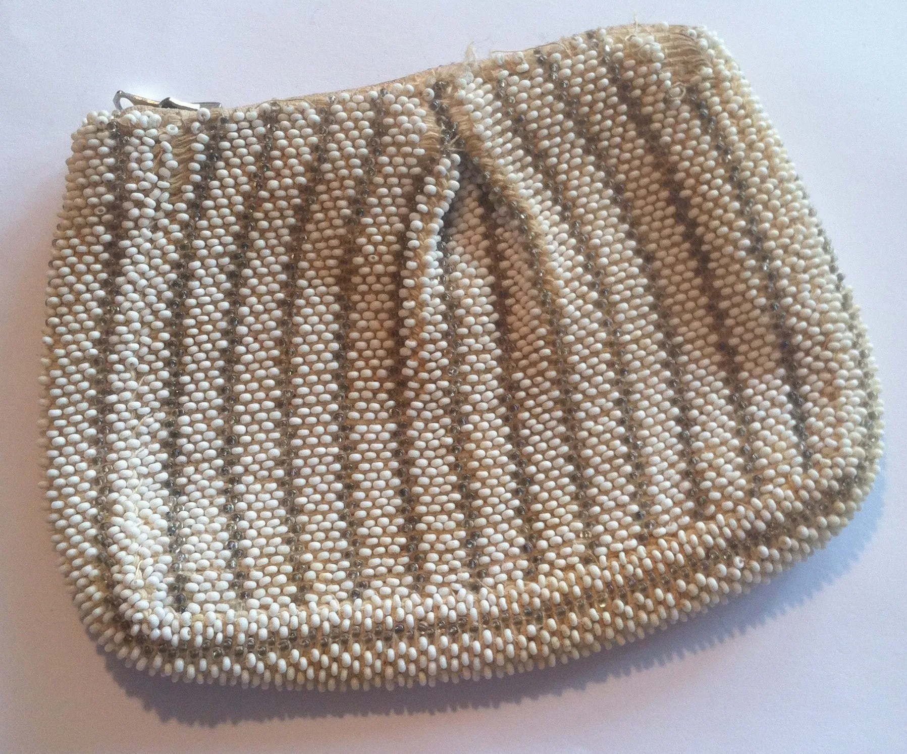 Silver Beaded Striped Zip Top Evening Bag circa 1930s