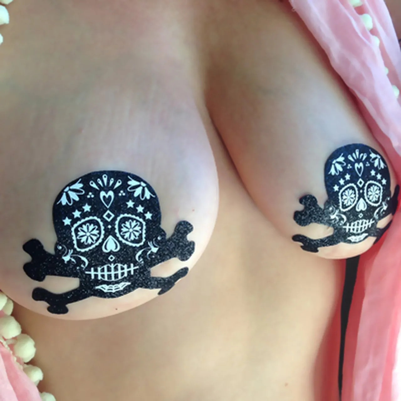 Skull: Black Glitter Candy Skull & Crossbones Nipple Pasties