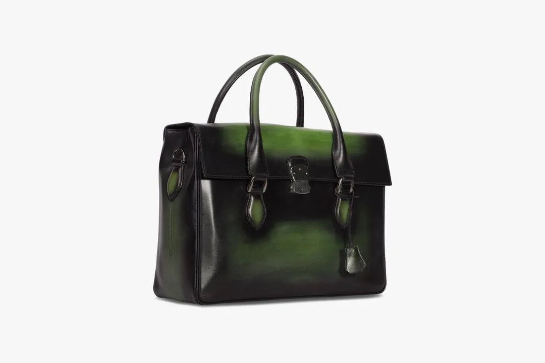 Smooth Cowhide Leather Foldover Briefcase Vintage Green