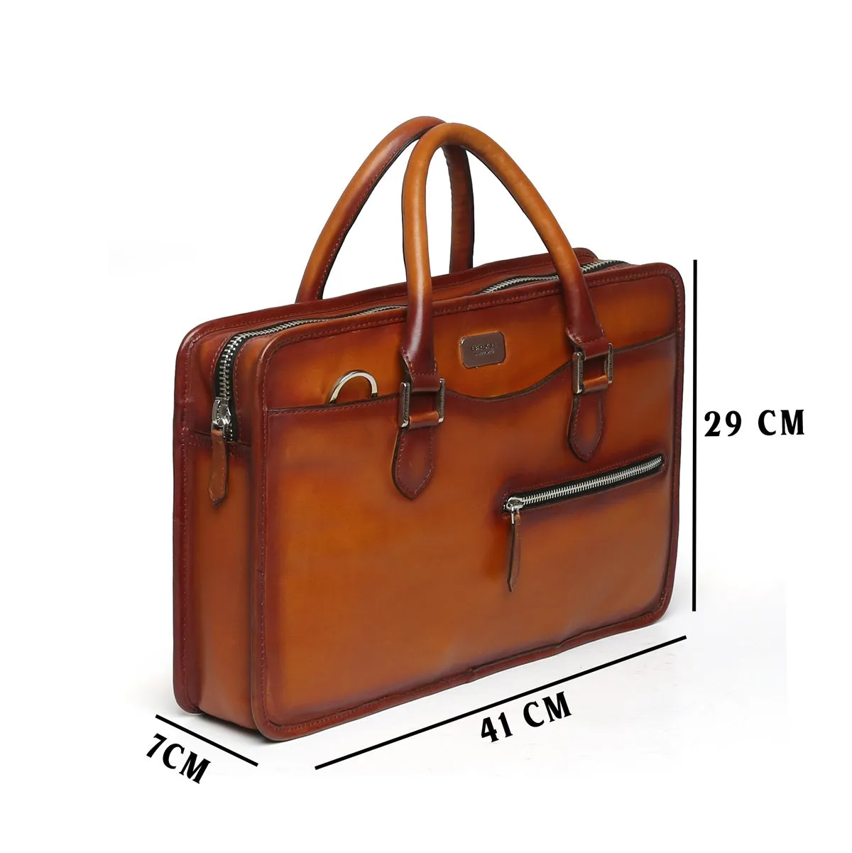 Tan Classic Genuine Leather Laptop Briefcase With Silver Accessories By Brune & Bareskin