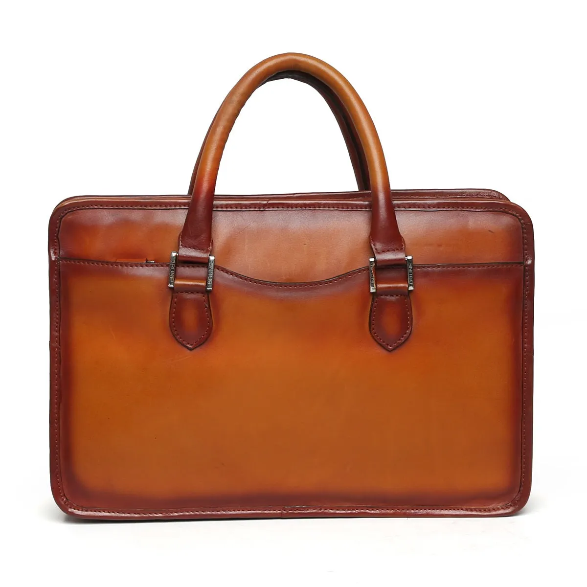 Tan Classic Genuine Leather Laptop Briefcase With Silver Accessories By Brune & Bareskin