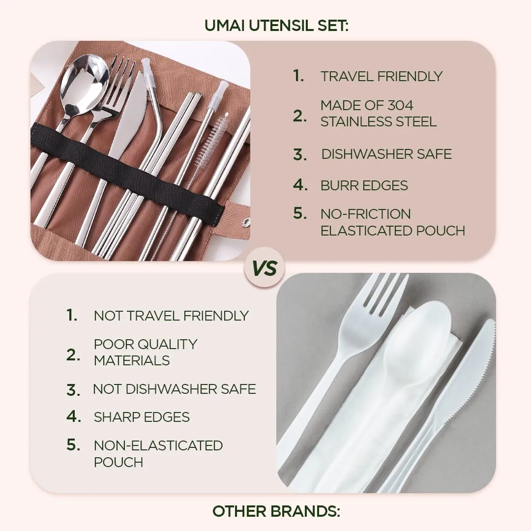 UMAI Portable 9-Piece Stainless Steel Food-Grade Utensil Set - Travel-Friendly | Camping Cutlery | Reusable | Easy to Carry | Ideal for All Occasions | Durable and Practical (Silver)