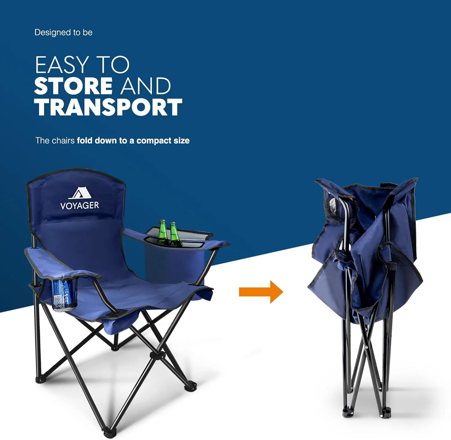 Voyager Folding Camping Chairs 2 Pack with Cooler Bag, Lightweight Q195 Steel Frame, 600D Oxford Fabric, Portable & Comfortable