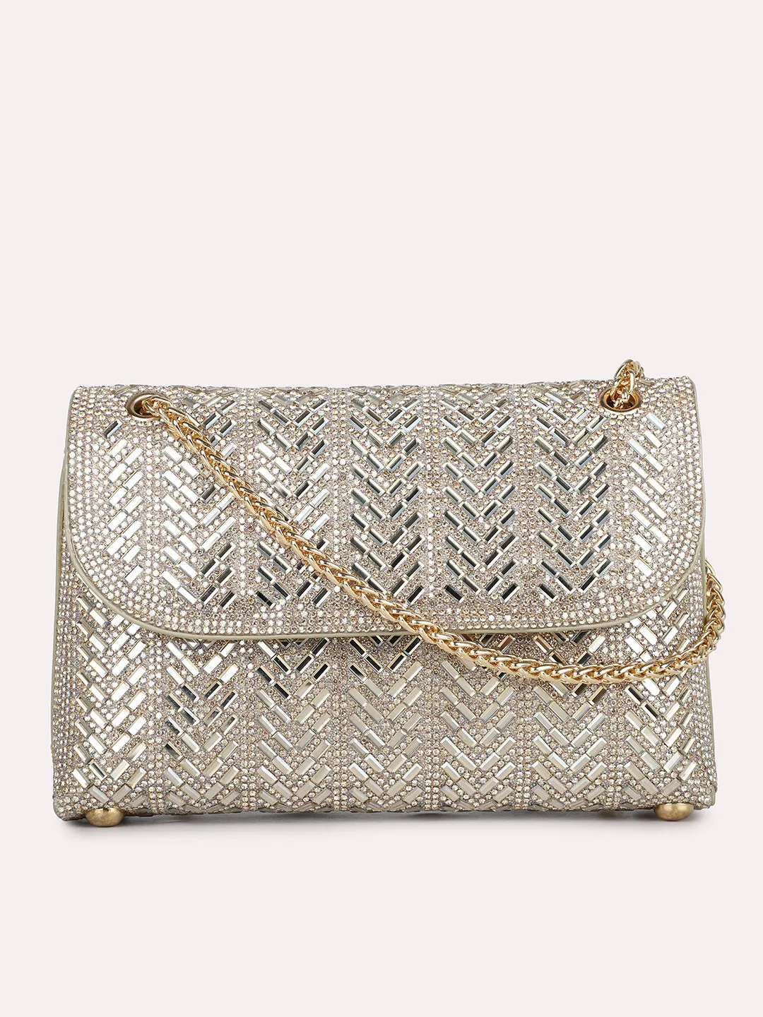 Womens Light Gold Embellished Sling Bag